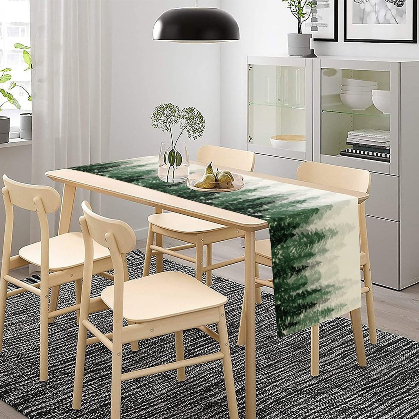 Green Forest Pine Trees Table Runner, Woodland Tabletop Scarf Home Kitchen Holiday Decor, Seasonal Farmhouse Rustic Dining Decorations Party Supply 13 X 60 Inch