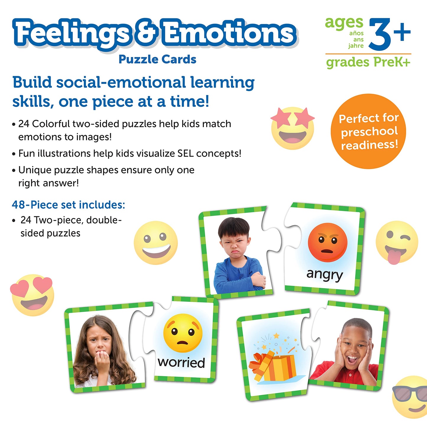 Learning Resources Feelings & Emotions Puzzle Cards, Social Skills, Autism Learning Materials, Speech Therapy Materials, Social Emotional Learning Toys and Games for Kids, 48 Pieces, Ages 3+