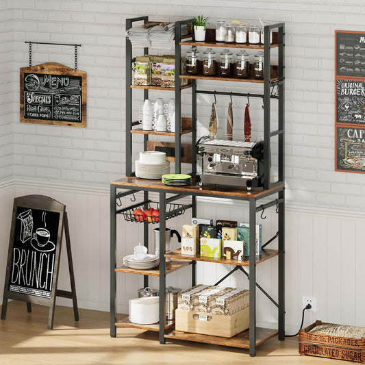Airynee Bakers Rack with Power Outlet, 7-Tier Microwave Stand, Large Coffee Bar Stand with 12 Hooks & Wire Basket, Metal Kitchen Shelf Organizer for Pots, Spices, Easy Assembly, Rustic Brown
