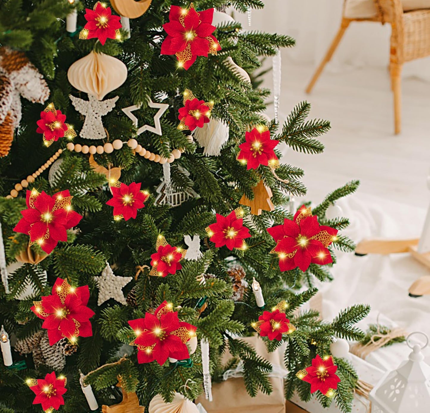 Geefuun 28PCS Christmas Tree Decorations: Poinsettias Artificial Flowers Ornaments Xmas Red Glitter Flower with Clips,3 Sizes(Not Included Stems)