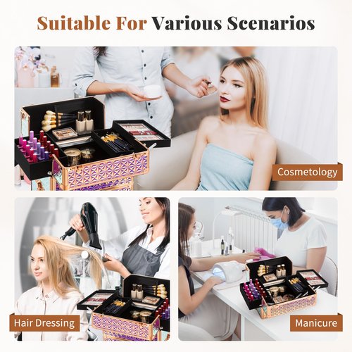 AROUS Rolling Makeup Train Case on 2 Large Drawer, Multi-functional Cosmetic Trolley with 360° Swivel Wheels Keys, Large Storage Traveling Cart Trunk, Train Cases for Nail Technicians Hairstylist