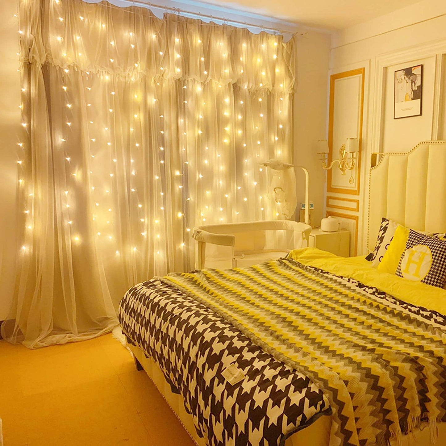 Dazzle Bright Curtain String Lights, 300 LED 9.8ft x9.8ft Warm White Fairy Lights with 8 Lighting Modes, Waterproof Lights for Bedroom Christmas Party Wedding Home Garden Wall Decor