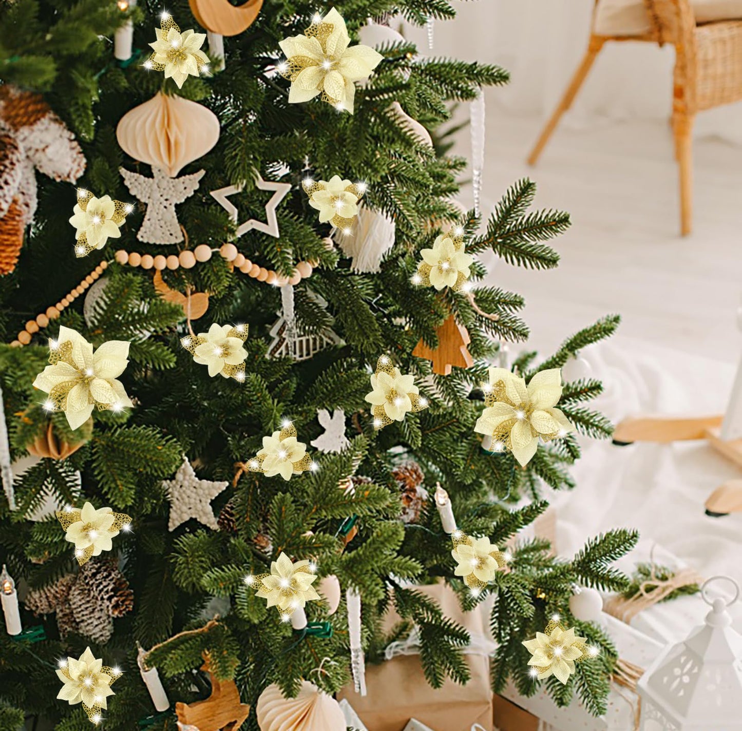 Geefuun 28PCS Christmas Tree Decorations: Poinsettias Artificial Flowers Ornaments Xmas Gold Glitter Flower with Clips