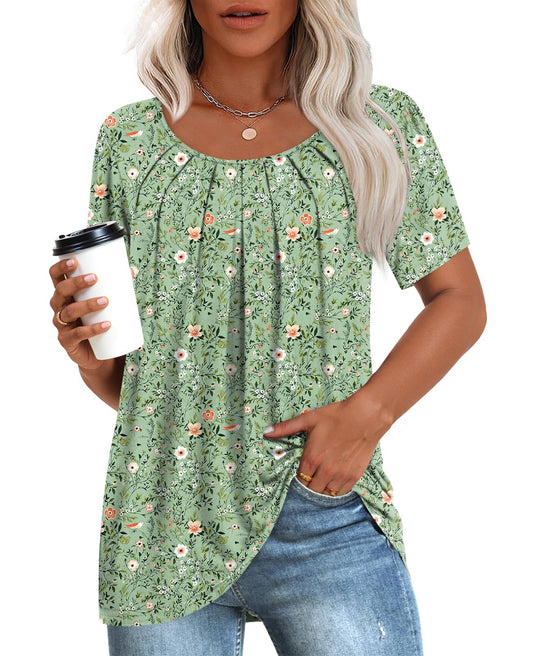 Anymeet Womens Summer Tops Short Sleeve Casual Blouses Beach Tee for Leggings Hide Belly Plus Size Green Flowers 2X-Large