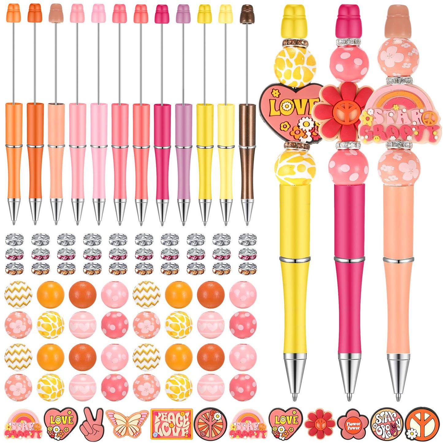 Geyee 12 Set Plastic Beadable Pens Assorted Bead Pens Crystal Wood Round Spacer Set Black Ink DIY Ballpoint for Women Men Gift Office Supplies