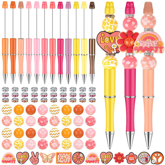 Geyee 12 Set Plastic Beadable Pens Assorted Bead Pens Crystal Wood Round Spacer Set Black Ink DIY Ballpoint for Women Men Gift Office Supplies