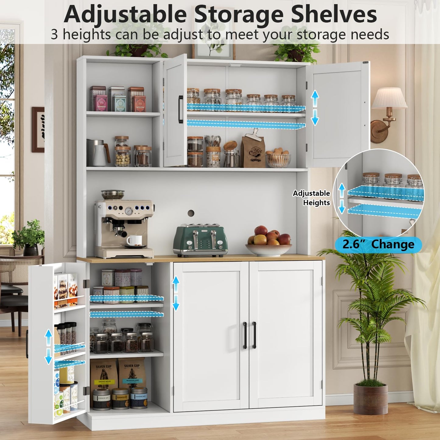 71" Tall Kitchen Pantry Cabinet, Kitchen Pantries with 3 Pull-out Drawers, Storage Cabinets with Hutch & Door Shelves & Microwave Coffee Stand, Pantry Organizer for Dining Room, Living Room (White)