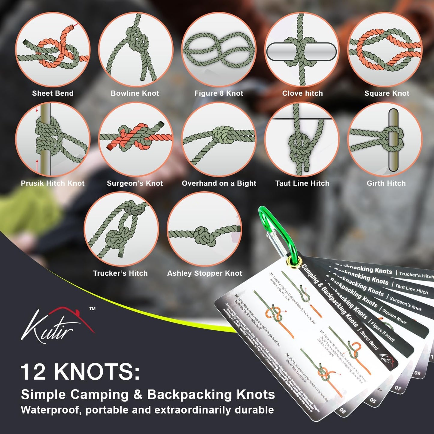 Outdoor Knots Mastery Guide - Essential Backpacking, Scouting & Camping 12 Portable Pocket Size Knot Cards - Waterproof Portable Reference with Mini Carabiner