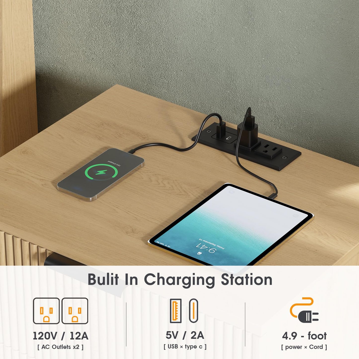 Fluted Nightstand with Charging Station, 20" Modern Bedside Table with 2 Drawers for Bedroom, Mid Century Modern End Table with Storage for Living Room, Natural Oak (1 Piece)