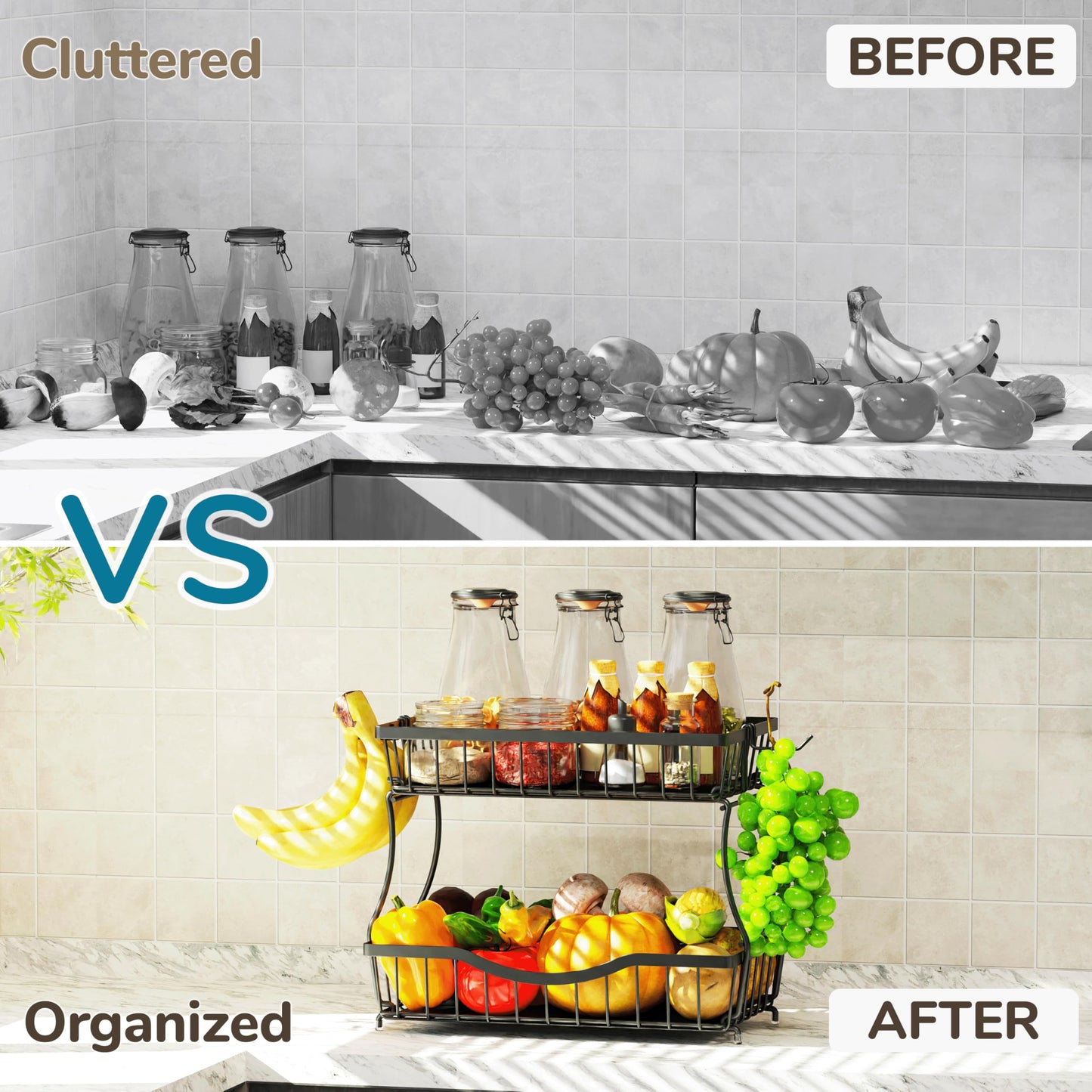 Zurklulu 2-Tier Fruit Basket for Kitchen Counter with 2 Banana Hangers – Metal Fruit Bowl for Onion, Vegetable, Snacks, Breads Storage – Countertop Organizer – Black, Large