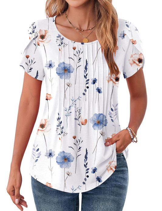 Zeagoo T Shirts for Women Casual Crew Neck Petal Short Sleeve Summer Tunic Top Floral Printed Trendy Blouses