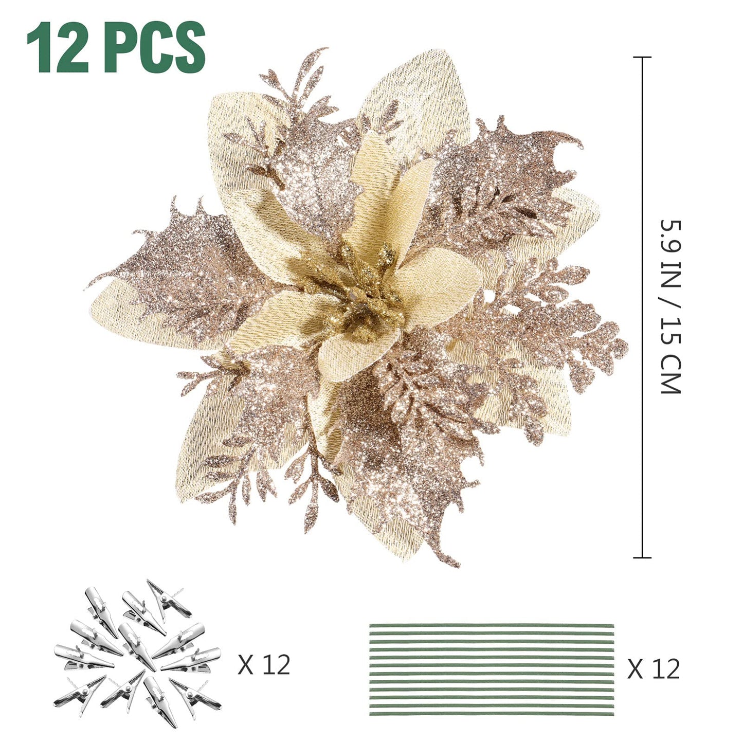 STOBOK Christmas Glitter Poinsettia Artificial Flowers|12 Pack Christmas Tree Ornaments for Wreaths Garland Holiday Party, Xmas Decoration, Red 6 Inch (Poinsettia)