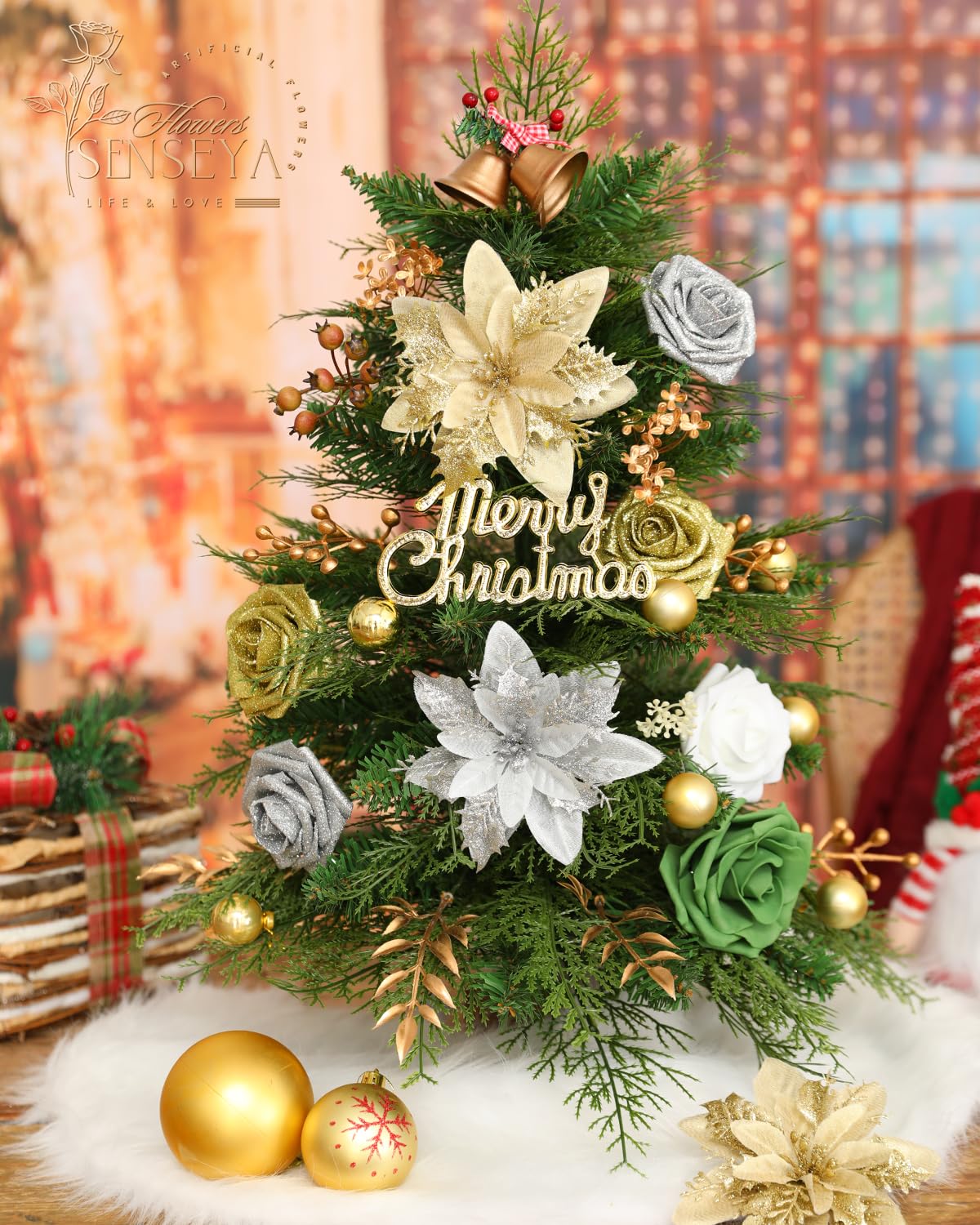 Senseya Artificial Christmas Flowers Poinsettia Combo Set, Mix Silk Flowers Fake Roses with Stems, for DIY Tree Ornaments Xmas Wreath Floral Arrangements Centerpieces Home Christmas Decorations