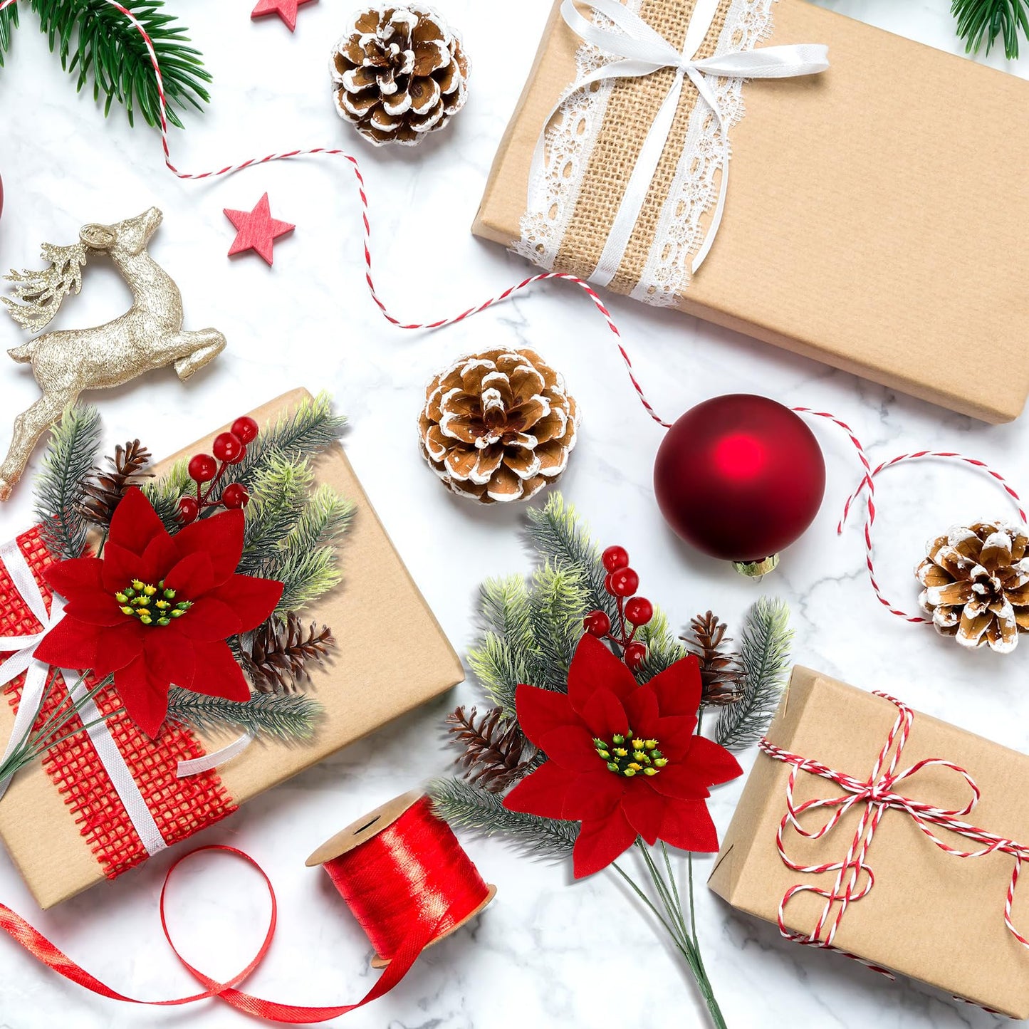 Yuxung 4 Pcs 13.4 Inch Red Poinsettia Artificial Christmas Flowers Bouquet with Pine Cone Red Berry Pine Needle Artificial Plants Christmas Decor for Craft Xmas Tree Garland Home Indoor Outdoor