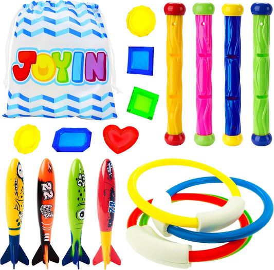 JOYIN 18Pcs Diving Pool Toys for Kids, Swimming Pool Toy with Storage Bag Includes 4 Pool Rings, 4 Diving Sticks, 4 Bandits, 6 Treasures Underwater Swim Pool Games for Ages 8-12