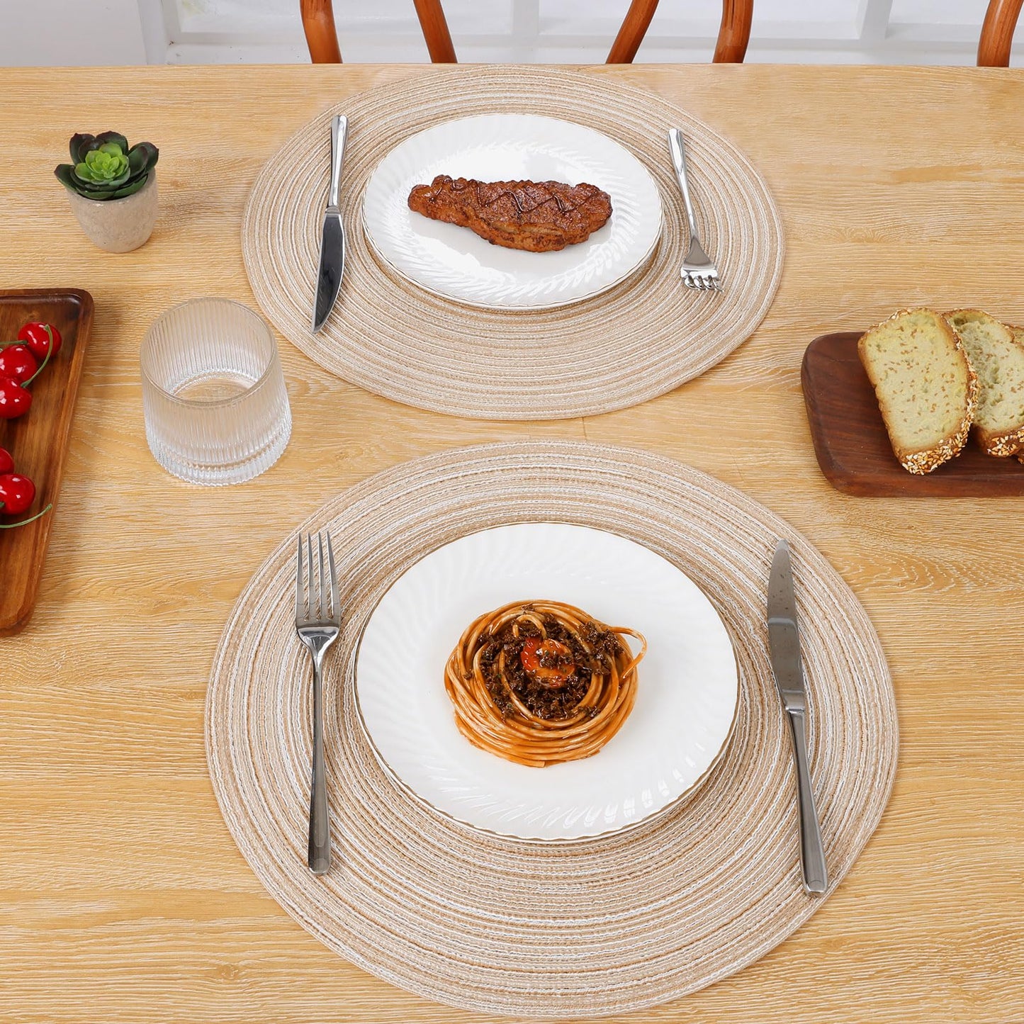 SHACOS 15 inch Round Braided Placemats Set of 6 Non Slip Heat Resistant Round Table Mats Washable Place Mats for Dinner Party Table Decoration (Beige, 6)