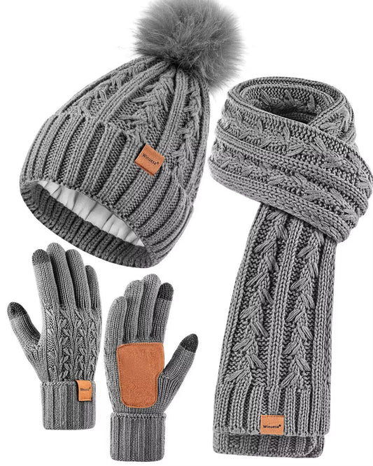 Womens Beanie Hat Scarf Gloves Set, Fleece Lined Winter Hat with Pom Pom, Long Knit Scarf Touchscreen Gloves for Cold Weather