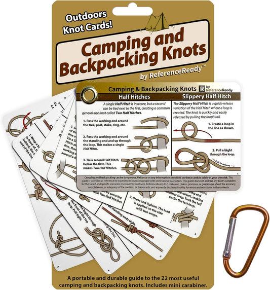 Outdoor Knots - Waterproof Knot Tying Cards with Mini Carabiner - Includes 22 Rope Knots for Camping, Backpacking, and Scouting Scenarios