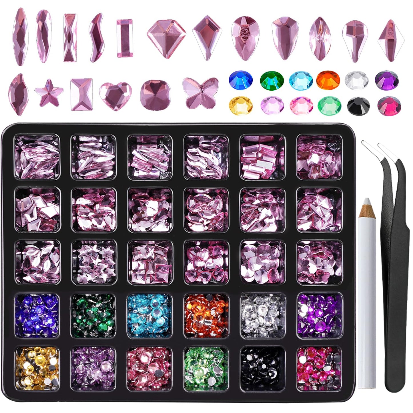 Canvalite 2518Pcs Rhinestones Nail Gems, 12 Styles 3D Glass AB Crystals Charms Shiny Multi Shape Flatback Nail Rhinestones for Nail Art with Picker and Tweezers for DIY Nail Art