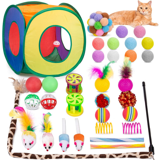 Retro Shaw Cat Toys Bundle 33 Pack, Interactive Kitten Toys for Indoor Cats Kitty with Collapsible Play Tunnel Tube Tent Feather Wand Teaser Bell Fuzzy Ball Springs Mouse Toy