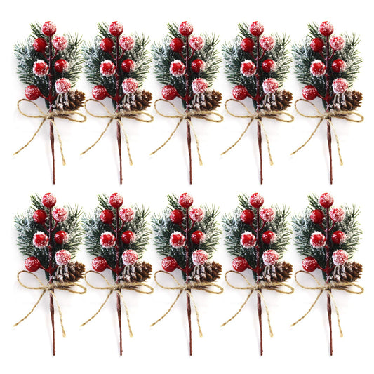 Artificial Red Berry Stems Pine Branches with Twine Bow,Christmas Pine Picks Fake Red Berry Wreath Picks, Christmas Trees Decoration Bouquets Garland Wreath Arrangements for Holiday Decor(10 Pack/red)