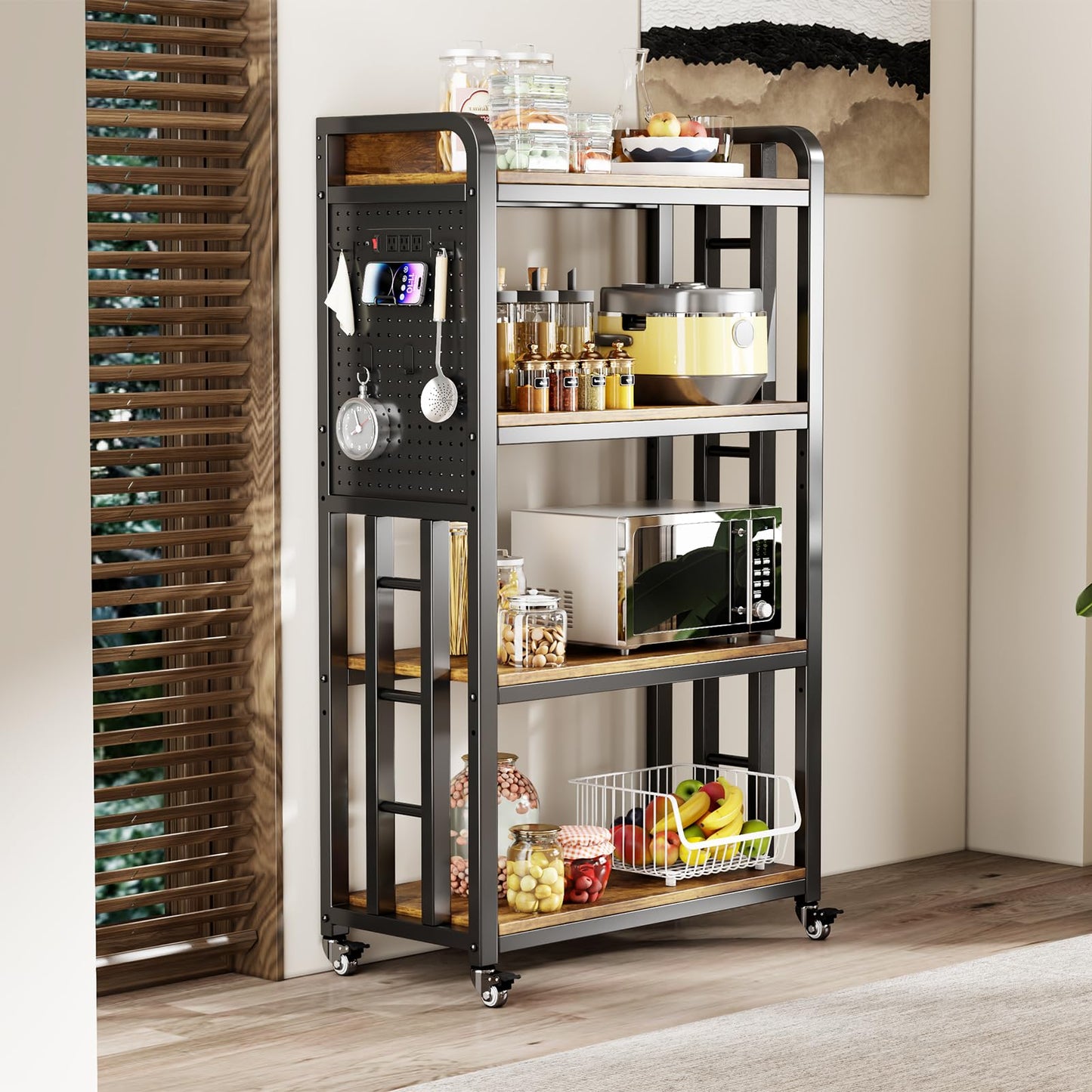 Kitchen Bakers Rack with Power Outlet,With pegboard Bakers Racks,Microwave Oven Stand with Storage 4 Tiers,microwave stand， for Living Room, Dining Room, Coffee Bar(Rustic Brown, 15.75x25.2x55)