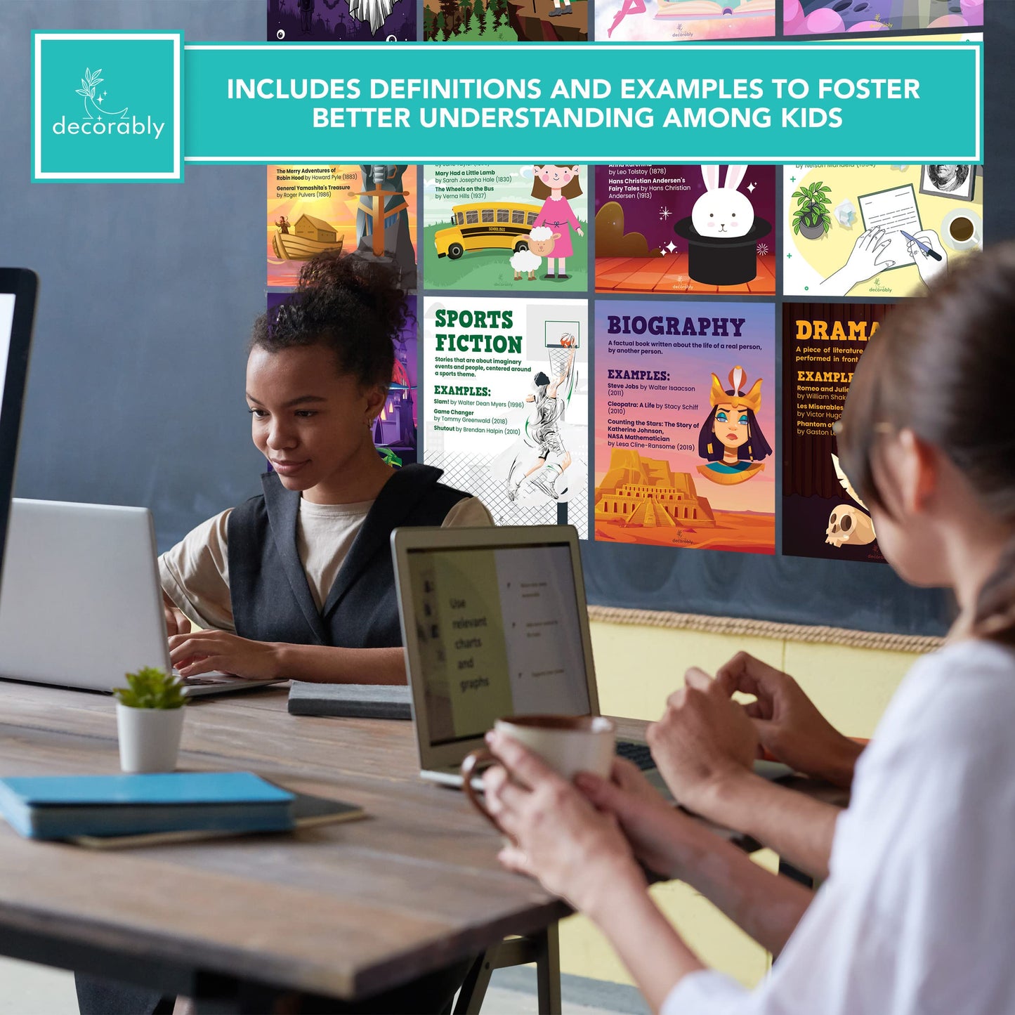 Decorably 24 Reading Classroom Posters, 8x10in Matte-Laminated Educational Book Genre Signs for English Classroom