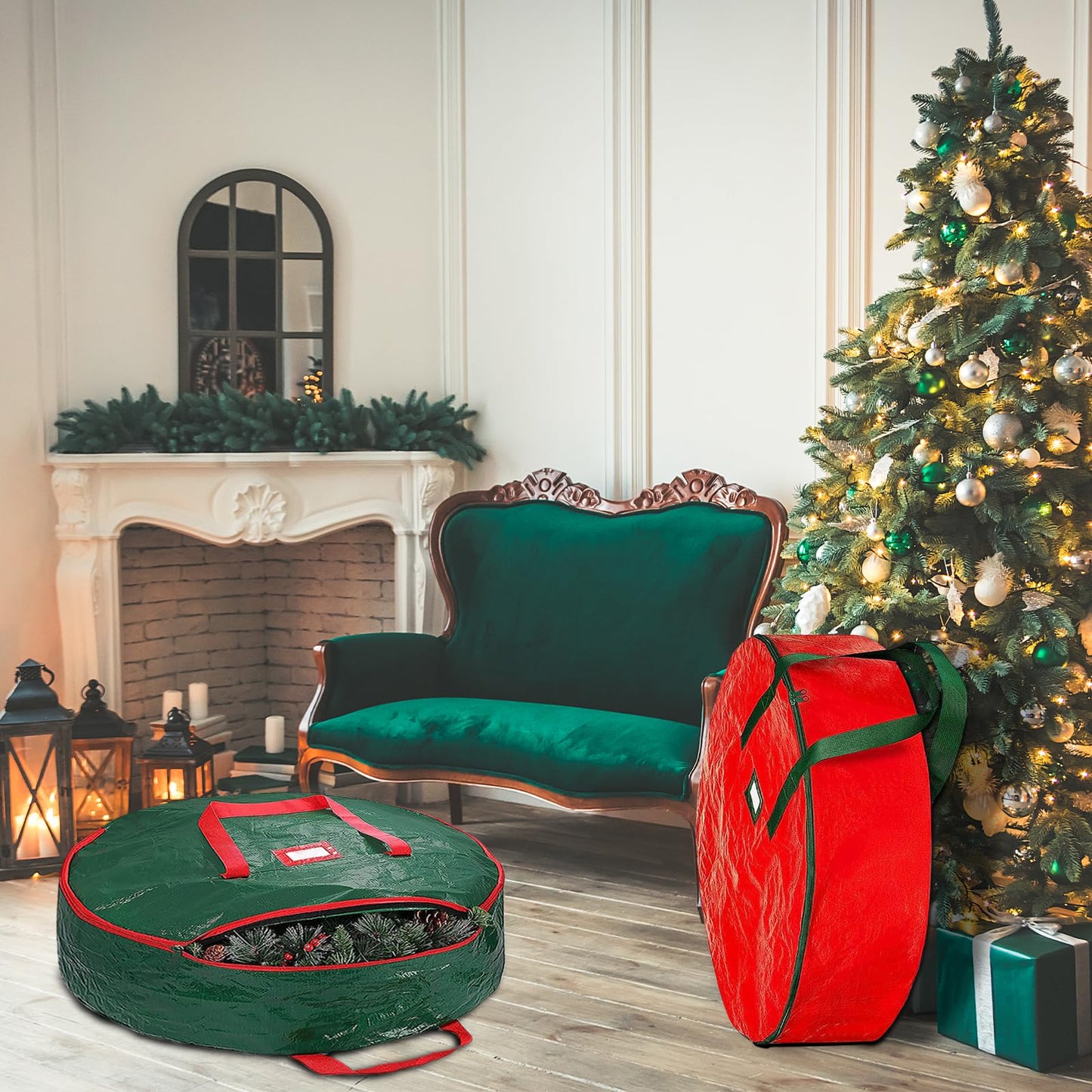 Christmas Wreath Storage Bag 24 Inch - 2 Pack Christmas Wreath Garland Storage Container with Dual Zipper & Handles, Wreath Storage Organizer Box Protect Xmas Ornaments Party Decorations