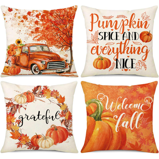 NIGHTWISH Fall Pillow Covers 18x18 Set of 4 Thanksgiving Farmhouse Decorations Orange Truck Pumpkin Outdoor Fall Decor Throw Pillow Covers Grateful Harvest Autumn Cushion Case for Sofa Couch