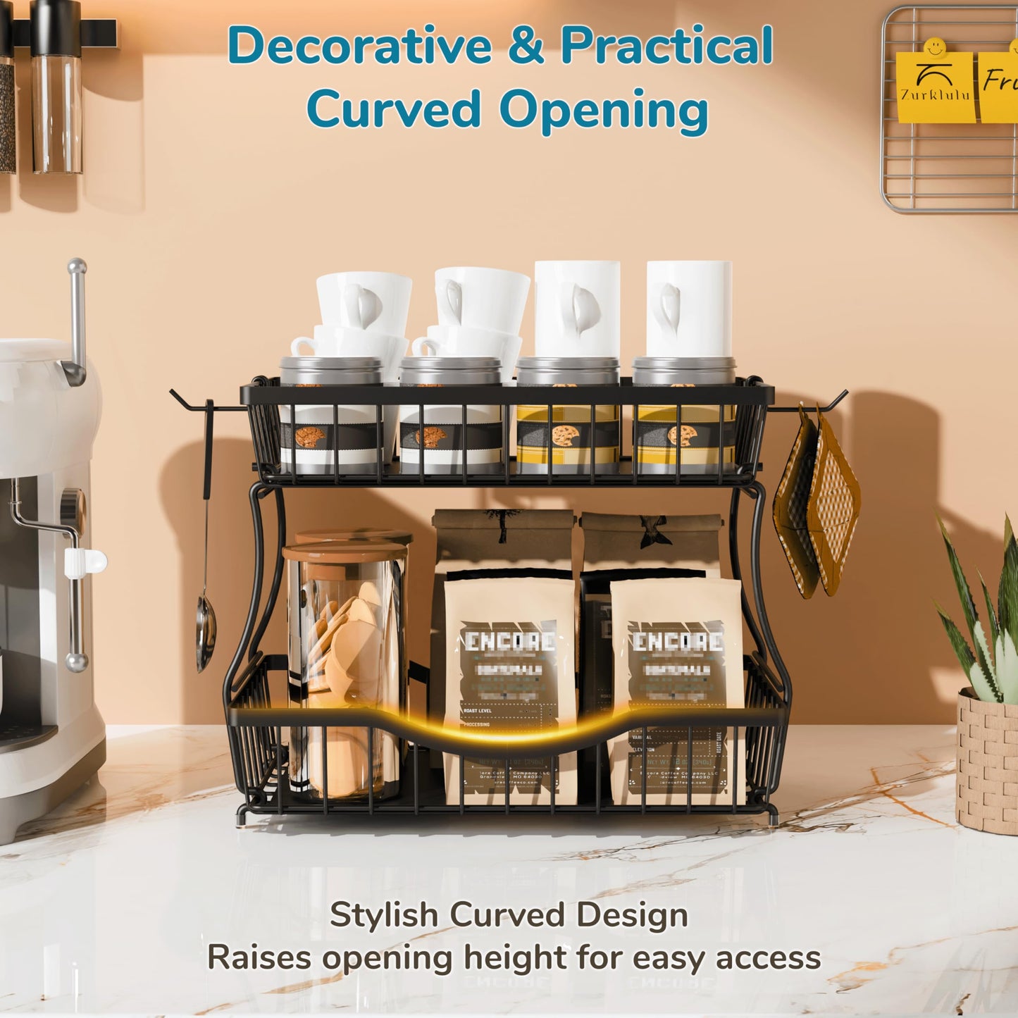 Zurklulu 2-Tier Fruit Basket for Kitchen Counter with 2 Banana Hangers – Metal Fruit Bowl for Onion, Vegetable, Snacks, Breads Storage – Countertop Organizer – Black, Large