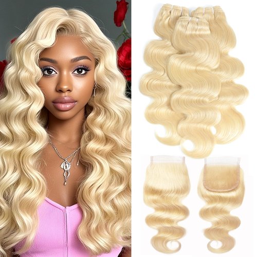 613 Bundles with Closure Blonde Human Hair Bundles with Closure （18 20 22+16）- 12A 100% Brazilian Virgin Hair Bundles with 4x4 Transparent Lace Closure, Body Wave Bundles with Closure