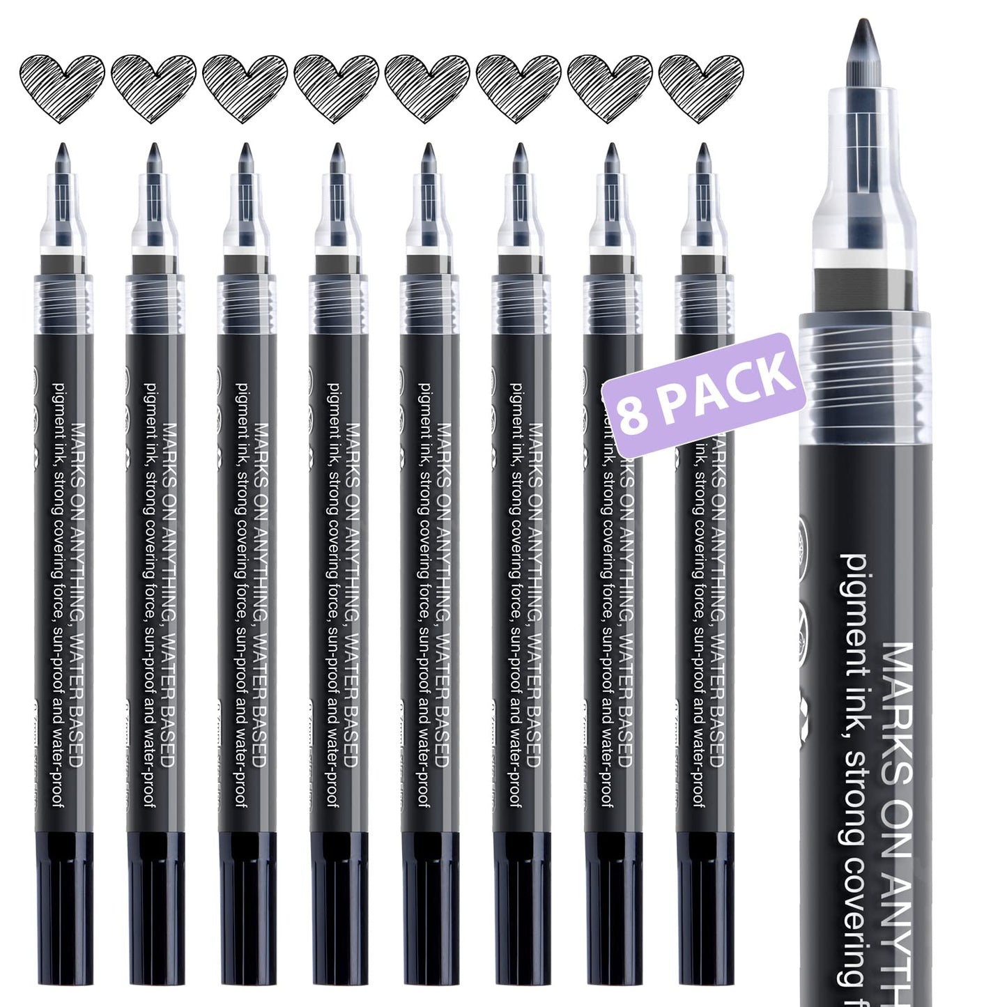 AKARUED White Paint Pen Acrylic Marker: 8 Pack 0.7mm White Paint Marker for Black Paper, Metal, Wood, Plastic, Ceramic, Metallic, Rock Painting, Drawing, Extra Fine Point, Ideal for Artist & Students