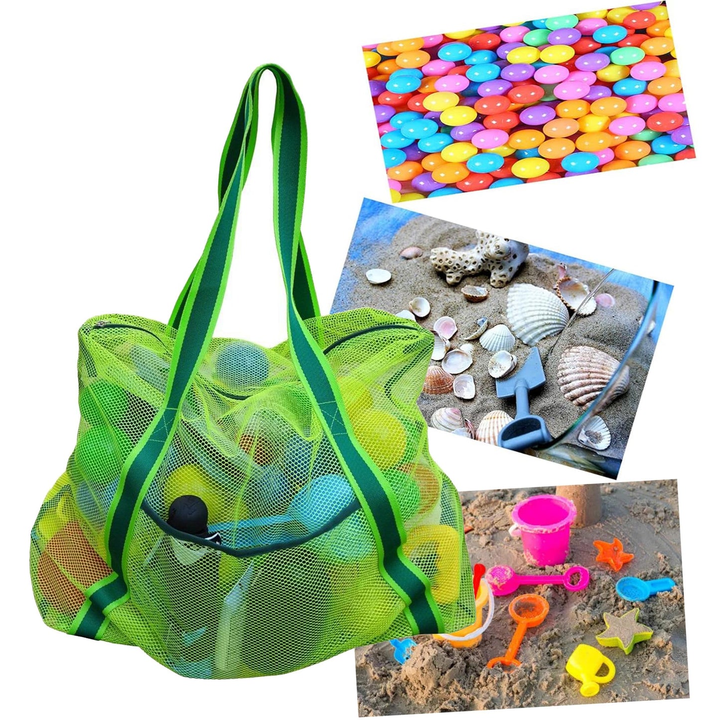 Leberna Large Beach Bag with Zipper Lightweight - Beach Toy Mesh Bag for Swimming Pool Sand Toys Green