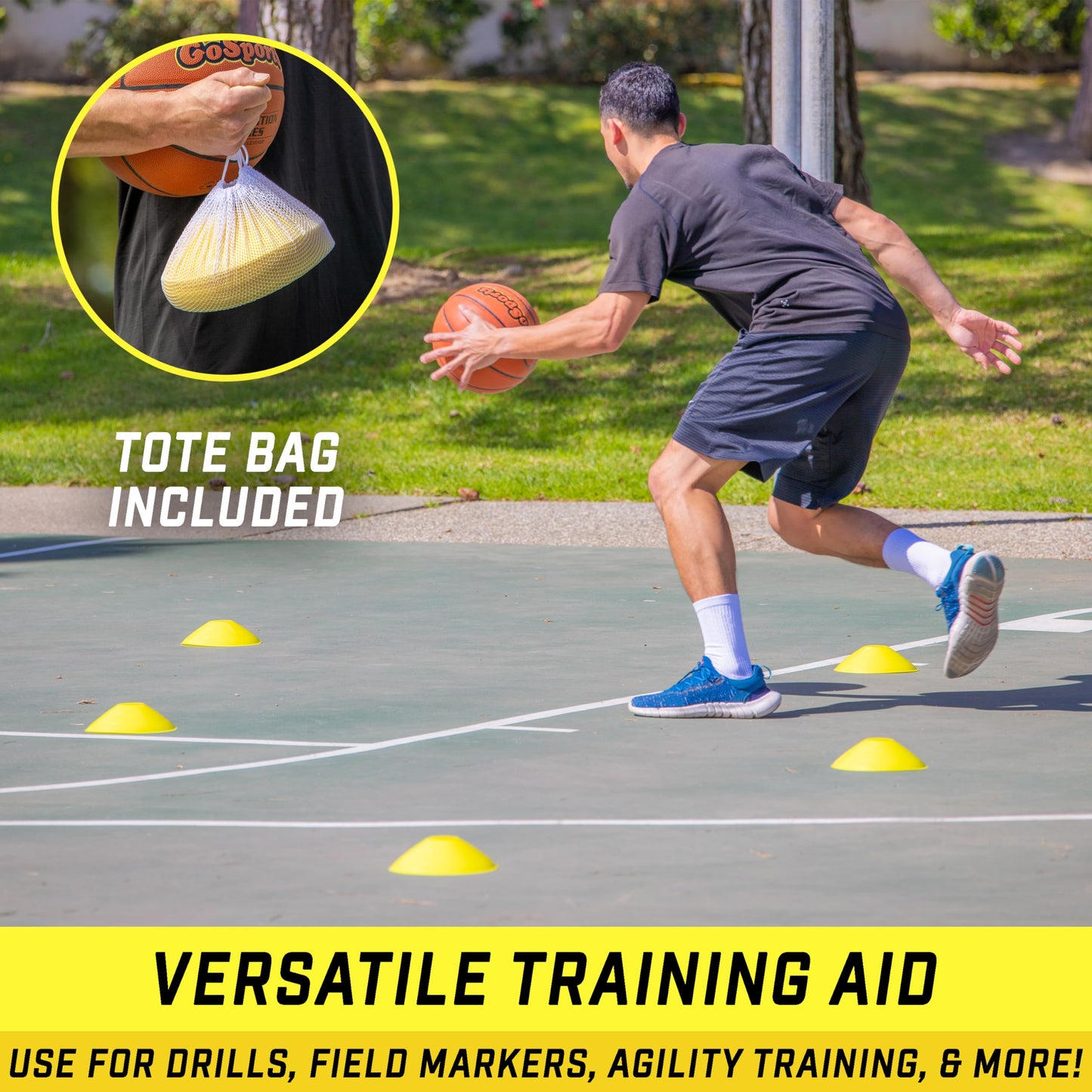 GoSports Premium Sports Cones for Agility Training and Drills - 20 Pack with Tote - Yellow