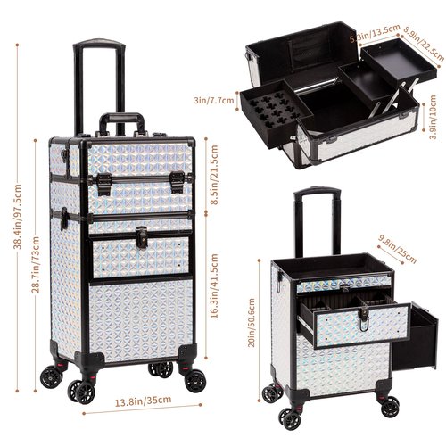 AROUS Rolling Makeup Train Case with Large Drawer, Multi-functional Cosmetic Trolley with 360° Swivel Wheels Keys, Large Storage Traveling Cart Trunk, Train Cases for Nail Technicians
