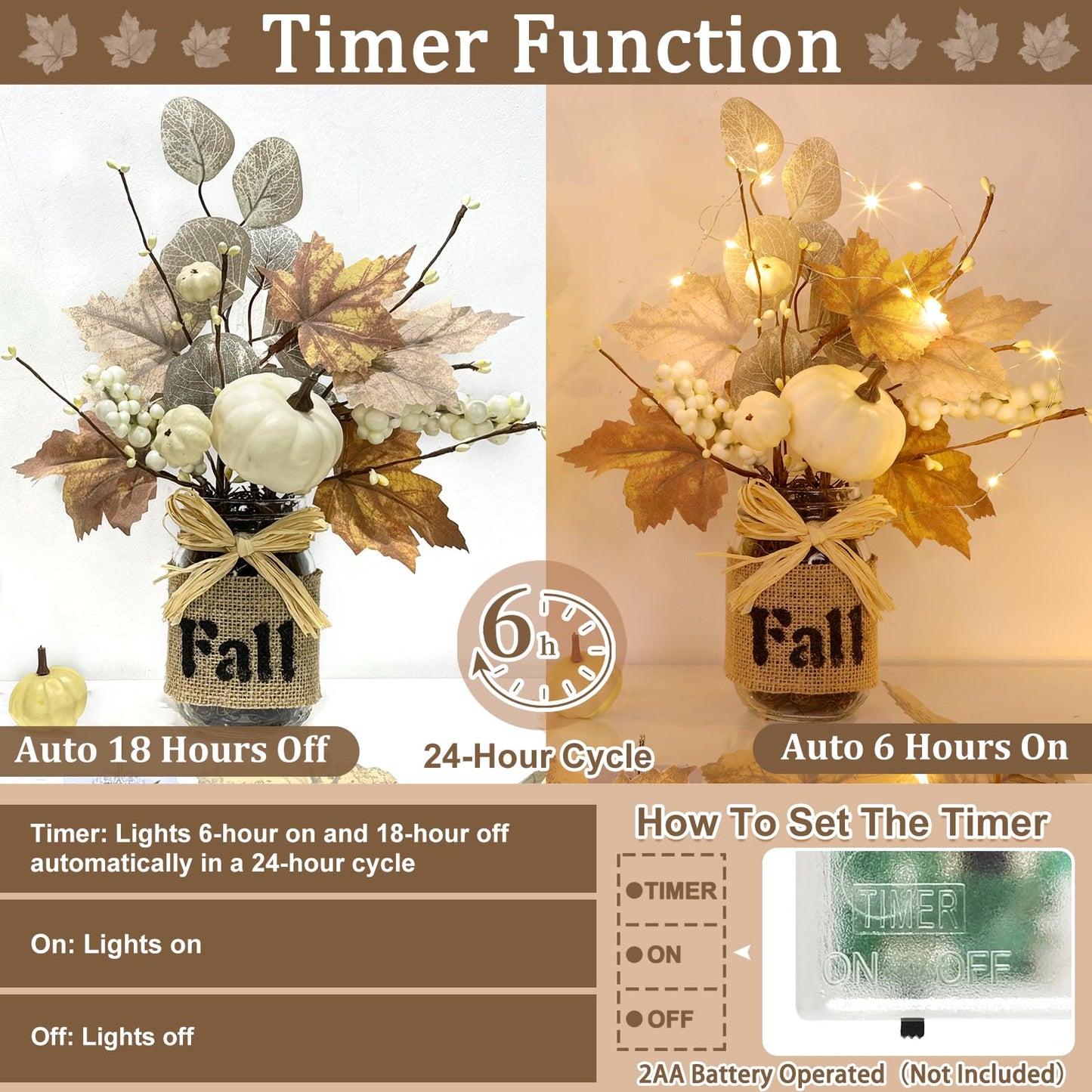 2 Pack 13.5 Inch Fall Decorations for Home Fall Table Centerpieces with 20 LED Lights Timer, Mason Jar with Maple Leafed Pumpkins Berried for Fall Thanksgiving Dining Table Decor Coffee Table Bathroom