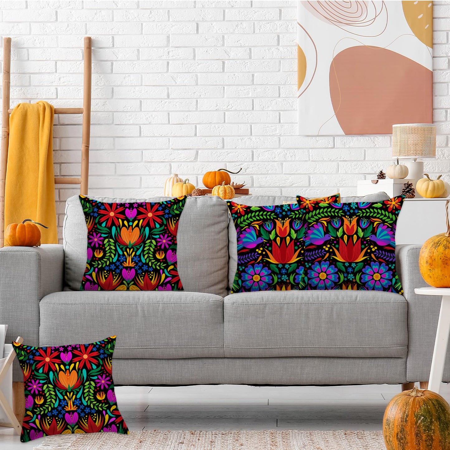 FARMNALL Mexican Fiesta Throw Pillow Covers 18x18 Set of 4 Dragonfly Flower Dahlia Pillow Case Day of The Dead Dia De Los Muertos Cinco De Mayo Decorations