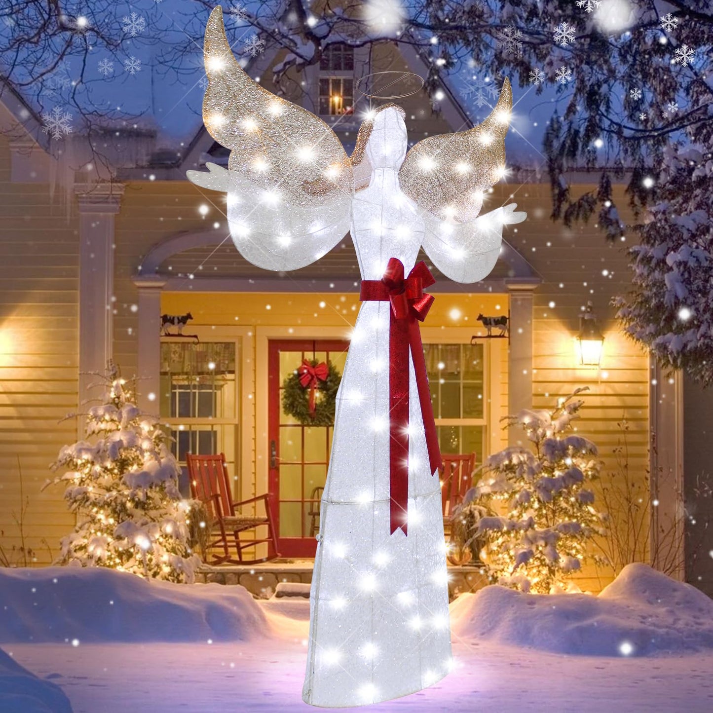 VIKIMORA 65" Lighted Angel Christmas Decoration, 3D Halo Angel with Golden Wings, White LED Lights, Outdoor/Indoor Use
