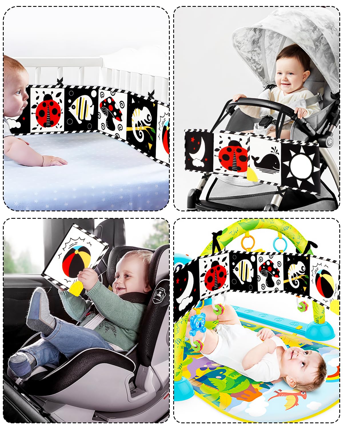 High Contrast Baby Book with Teether, Black and White Baby Book, 0-6-12 Months Soft Book for Newborn, Sensory Books, Montessori Learning Activities for Babies, Easter Basket Stuffer