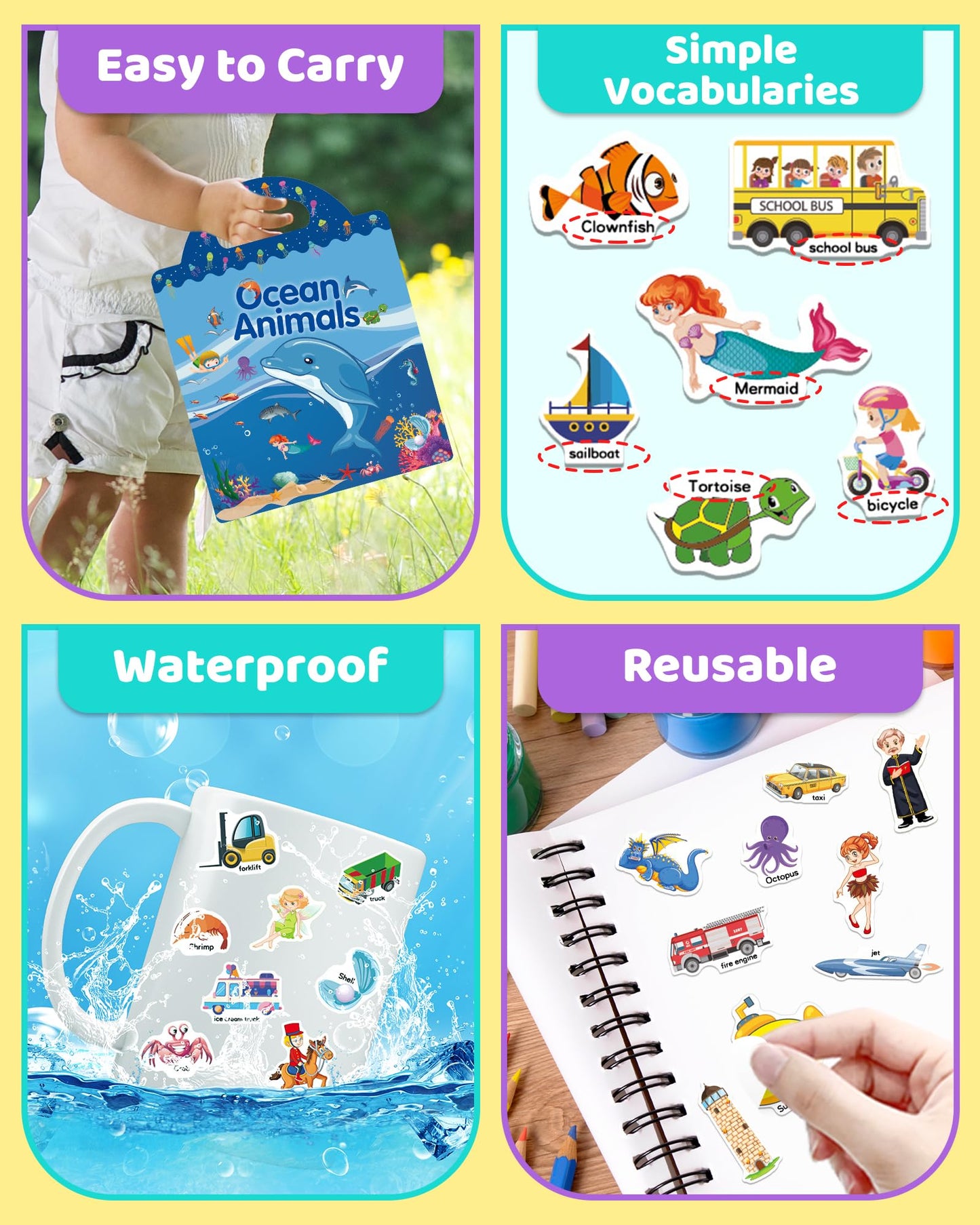 Benresive Reusable Sticker Books for Kids 2-4, Sticker Books for Toddlers 1-3 2-4, Toddler Travel Toys Activities Crafts Gifts - Ocean Animals, Fairy and Vehicle