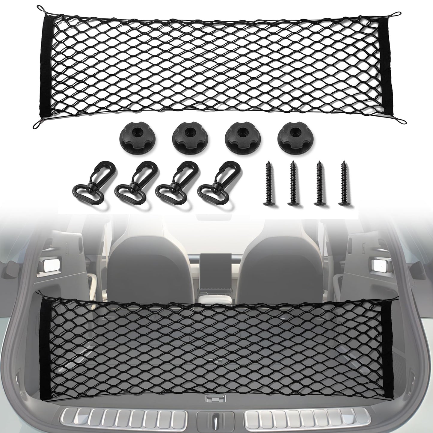 Amiss Cargo Net Stretchable, Car Exterior Accessories, Adjustable Elastic Trunk Storage Net with Hook for SUVs, Cars and Trucks (35.4x15.8 Inch)