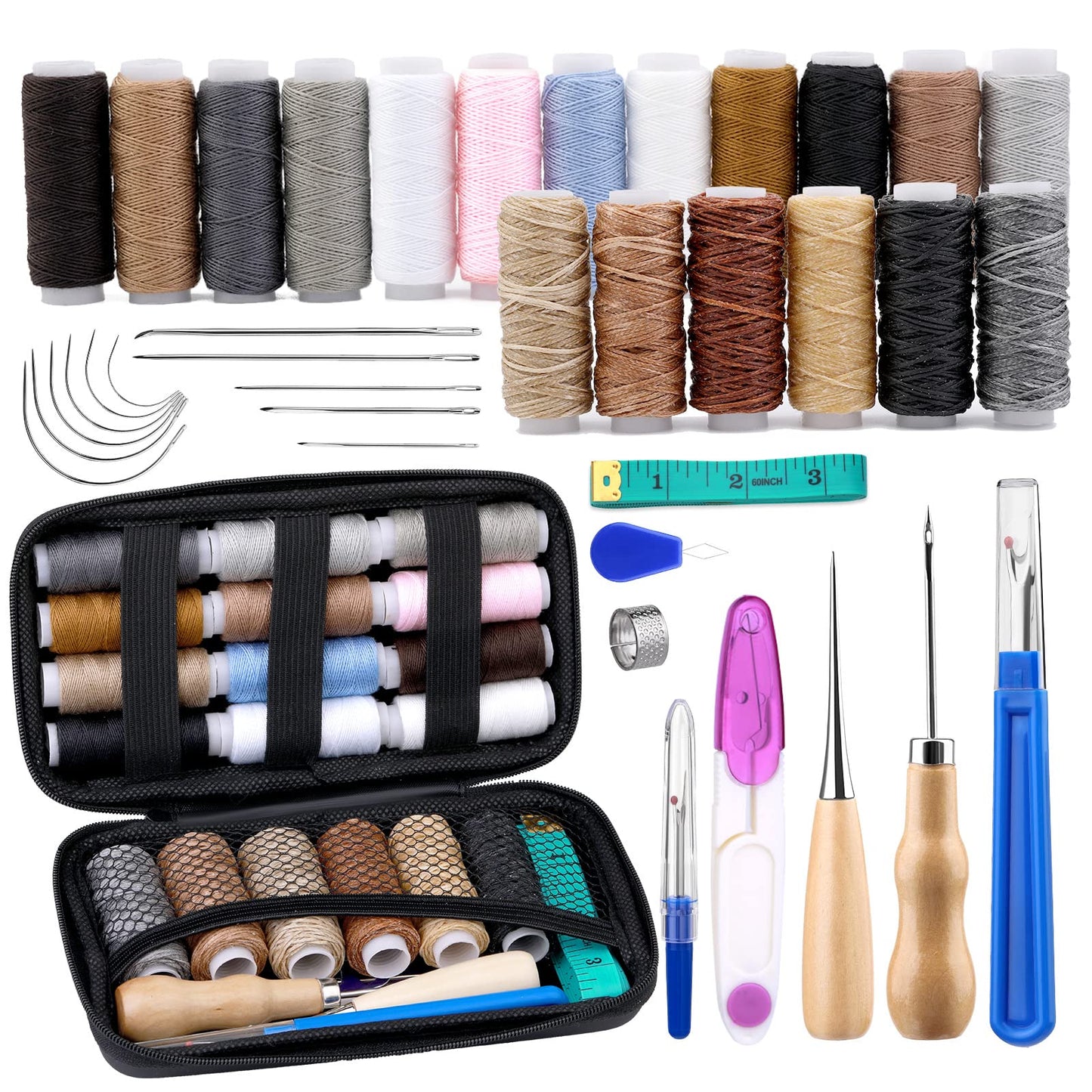 BUTUZE Leather Working Tools, Practical Leather Craft Kit with Waxed Thread Groover Awl Stitching Punch Hole for Leathercraft Beginner or Adults Gifts - Comes with Tool Manual