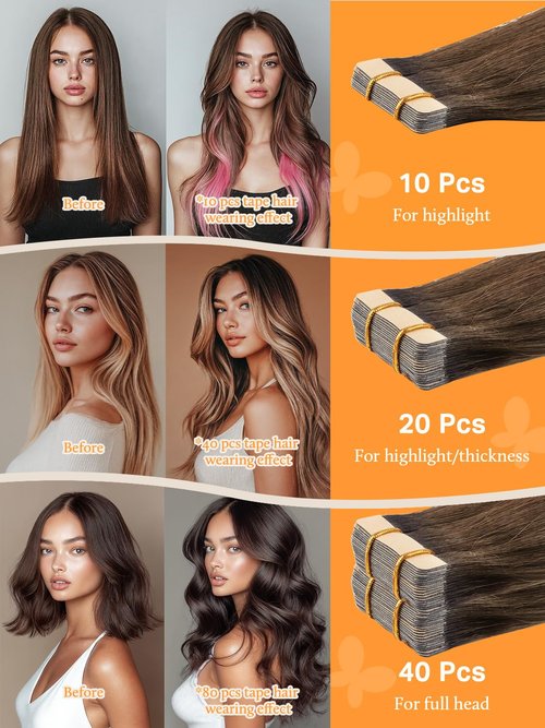 DOORES Human Hair Extensions Tape in, Balayage Dark Brown to Chestnut Brown Real Hair Extensions 40pcs 24 Inch 100g, Tape in Straight Natural Hair Extensions Skin Weft