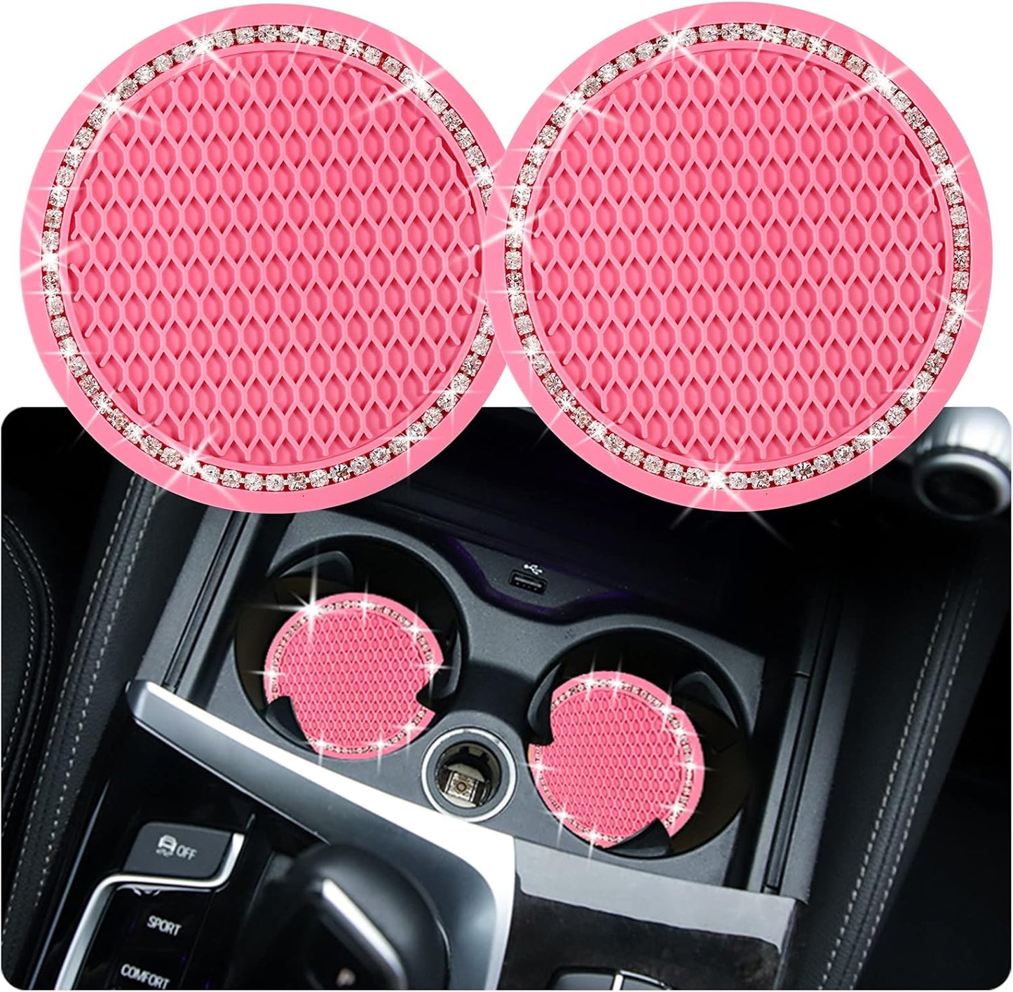2PCS Bling Car Cup Coaster, 2.75 Inch Auto Cup Holder Insert Coasters Silicone Anti-Slip Crystal Rhinestone Drink Mat, Universal Vehicle Interior Accessories for Women Girls (Pink)
