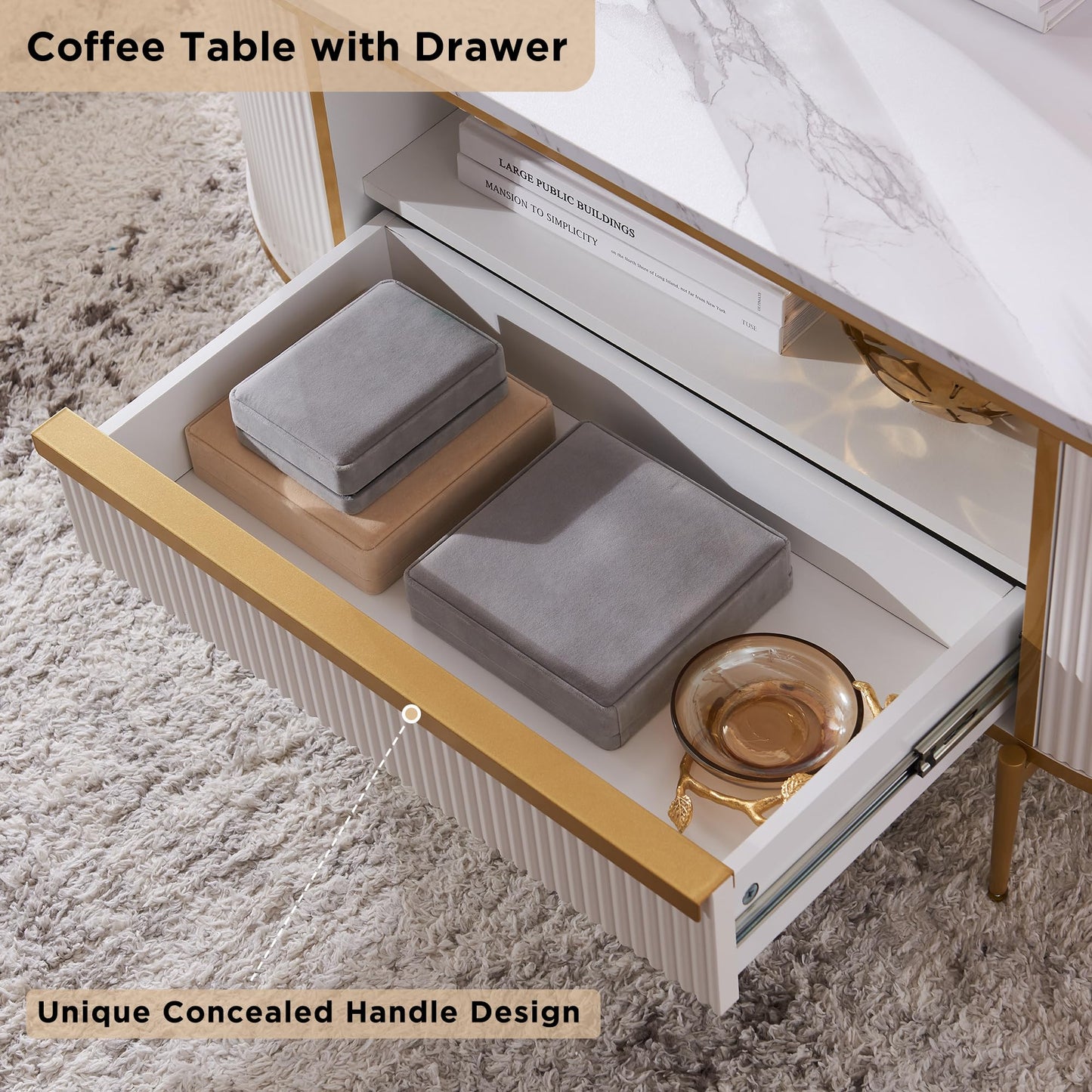 OKD Modern Luxury Fluted Coffee Table, 48" Oval Coffee Table with Drawer, Faux Marble Top, Curved Profile Design, Gold Metal Decor, Center Table for Living Room, Off White