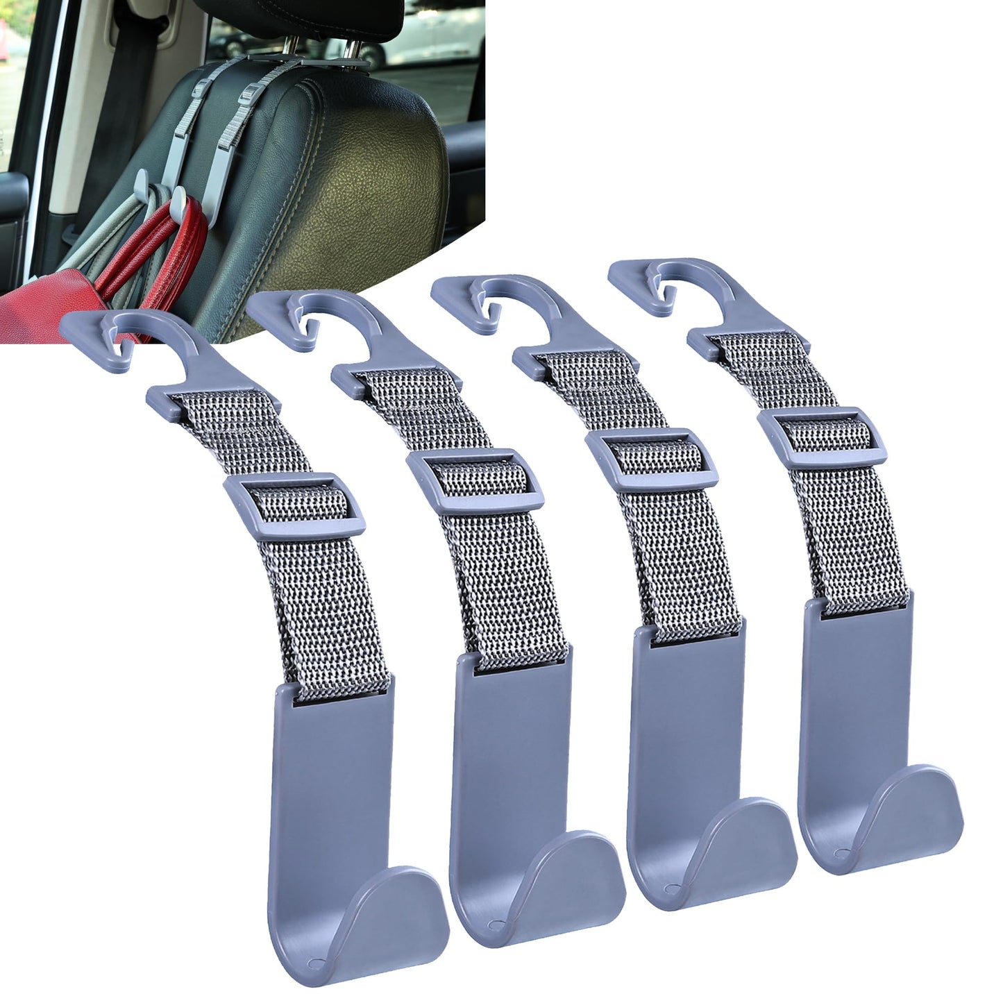 Amooca Headrest Hooks for Car Adjustable 4 Pack Vehicle Seat Back Organizer Storage Hanger Holder for Purse Bags Universal Fit Gray
