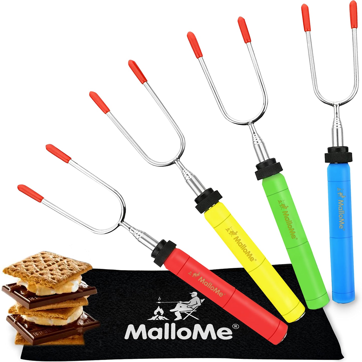MalloMe Smores Sticks for Fire Pit - Premium 34 inch Marshmallow Roasting Sticks Smores Kit Outdoor -Accessories for Campfire- Smore Skewers Hot Dog Fork, Camping Essentials Bonfire Gear Long (4 Pack)