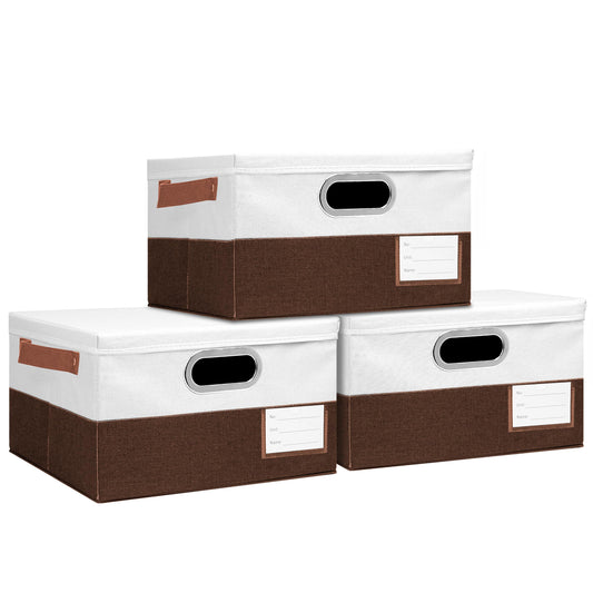 Foldable Fabric Storage Boxes with Lids, Collapsible Versatile Bins Baskets Cubes with Handles for Easy Organization in Closet, Living Room, and Bedroom (Brown & White, 3PCS/11.4*8.6*6.7in)