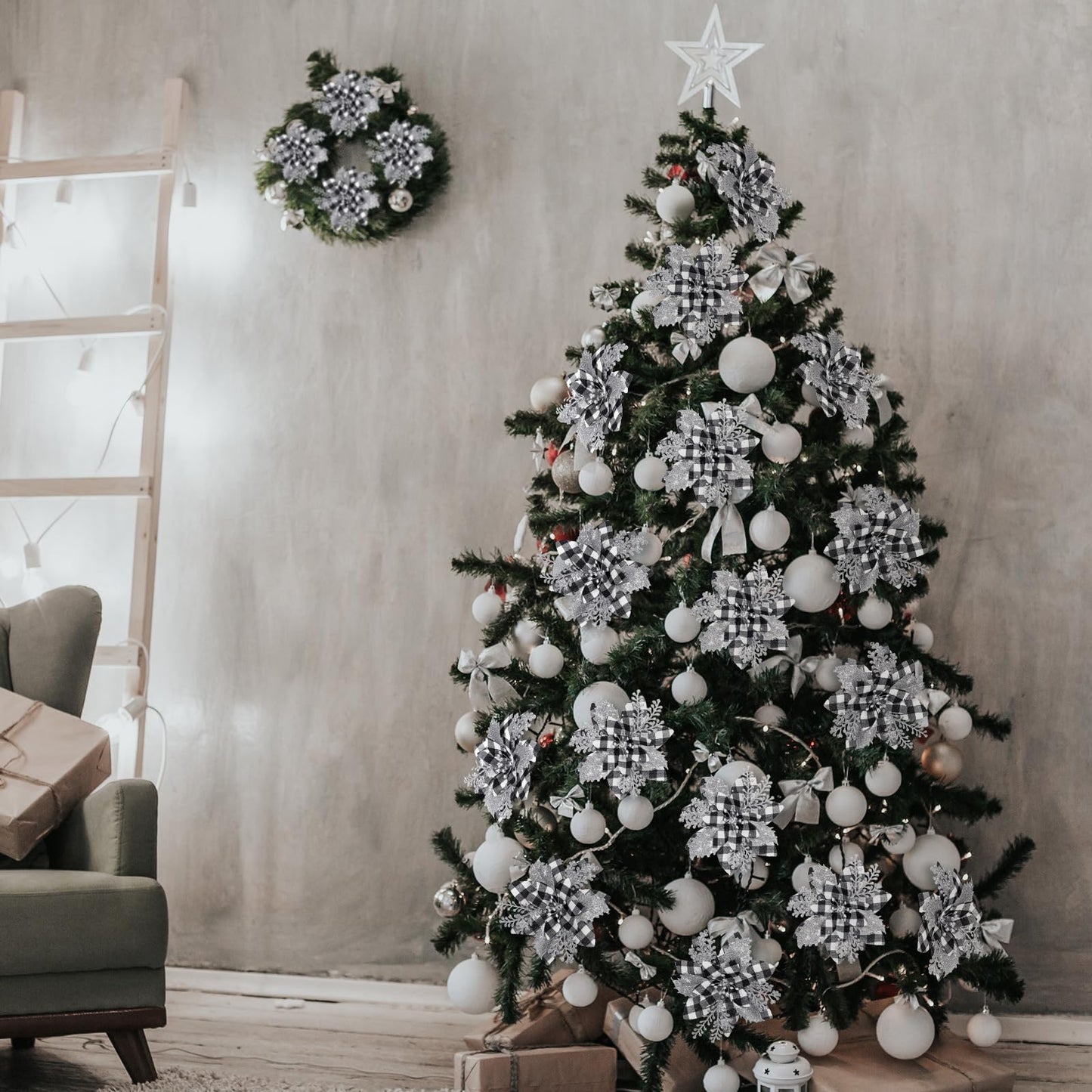 Canlierr 5.7 Inch Artificial Poinsettias Christmas Glitter Flowers with Clips Xmas Tree Flower Ornament Poinsettias Decor (Black and White Buffalo with Silver Petals,24 Pieces)