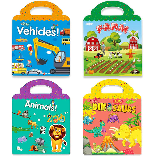 Reusable Sticker Books for Kids, 4 Sets Removable Toddler Sticker Book for Girls Boys Educational Learning Toys - Vehicle, Farm, Dinosaur & Zoo Animal